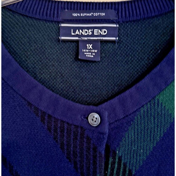 LANDS END Blackwatch Plaid Cardigan Sweater Womens Sz 1X Button Up Supima Cotton - Picture 4 of 12